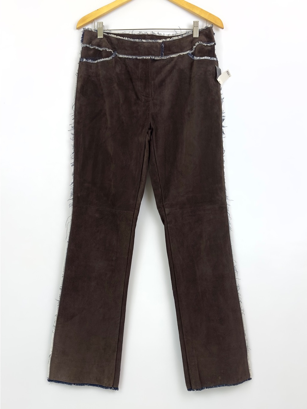 I.N.C. Brown Suede Leather Pants Women Size 10 Denim Fringe Trim Y2K